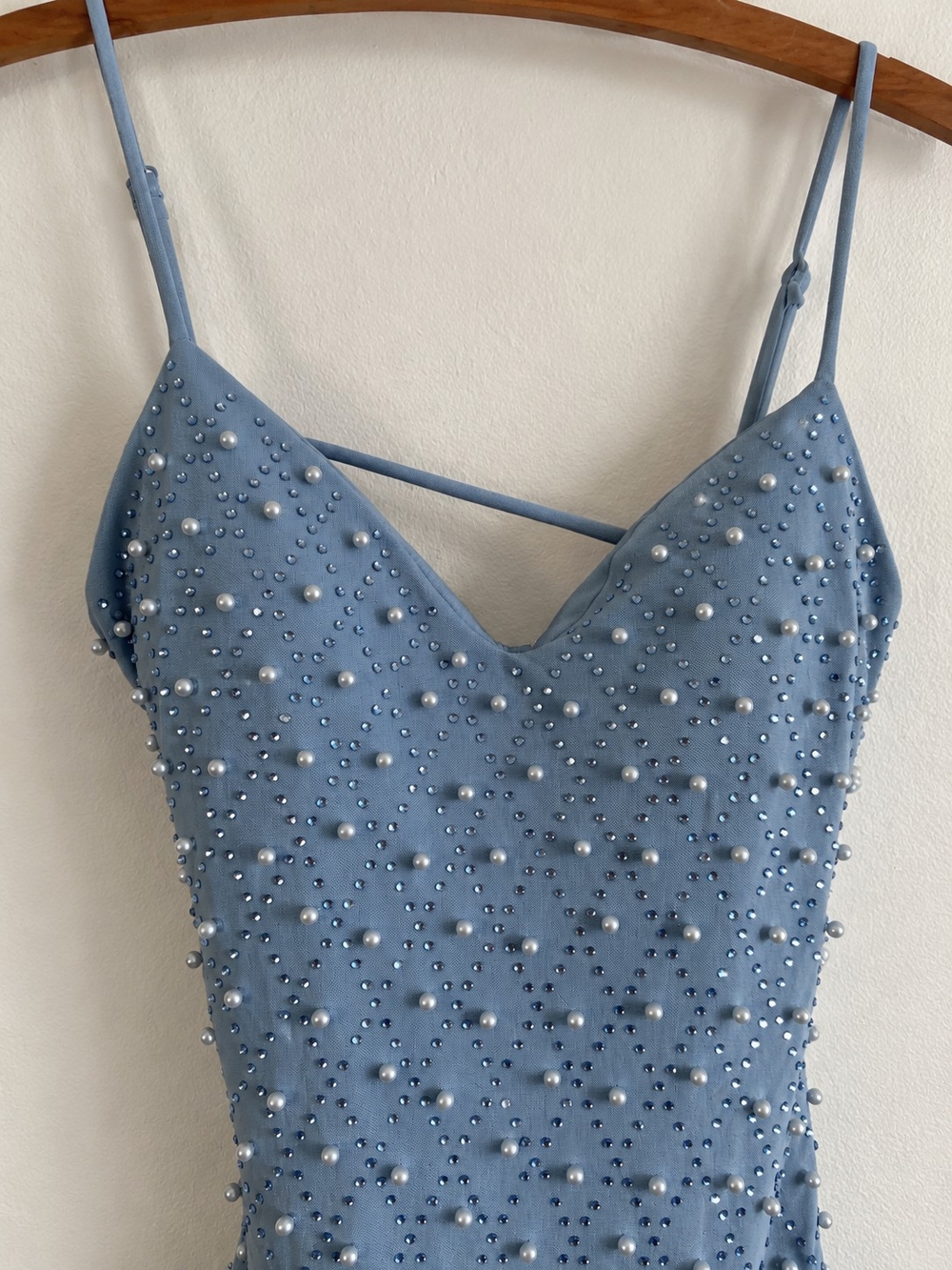 Dusty Blue Pearl Rhinestone Mini Dress Cutout Party Formal Dress Homecoming - Picture 3 of 7